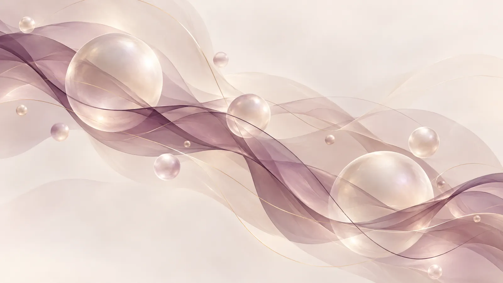Translucent pearl spheres and fine plum threads drifting across a soft pale background