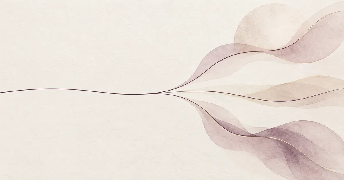 A single plum line on ivory paper forking into three paths