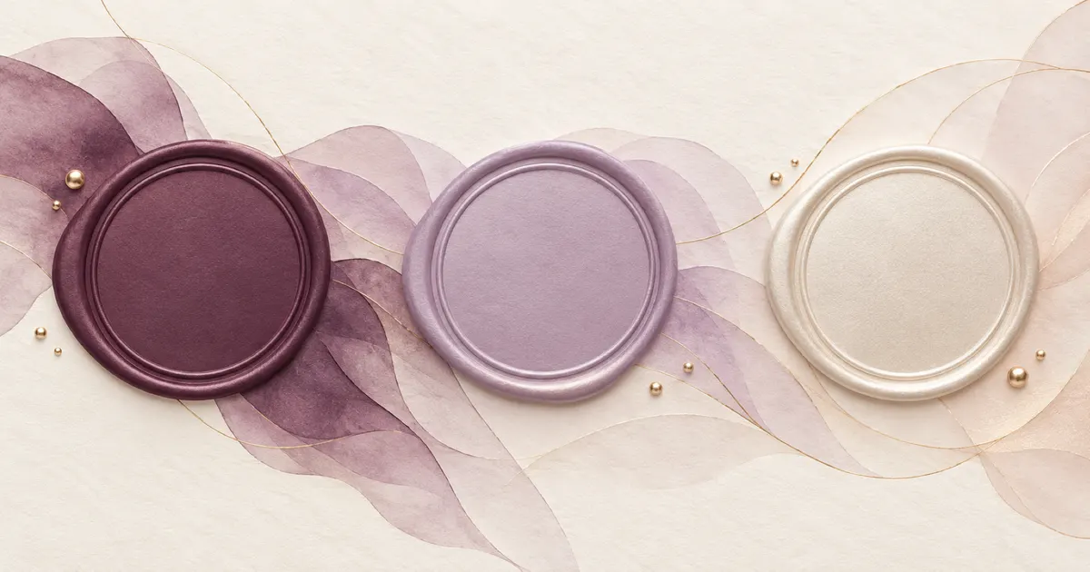 Three blank circular seals in plum, lilac and pearl on ivory paper